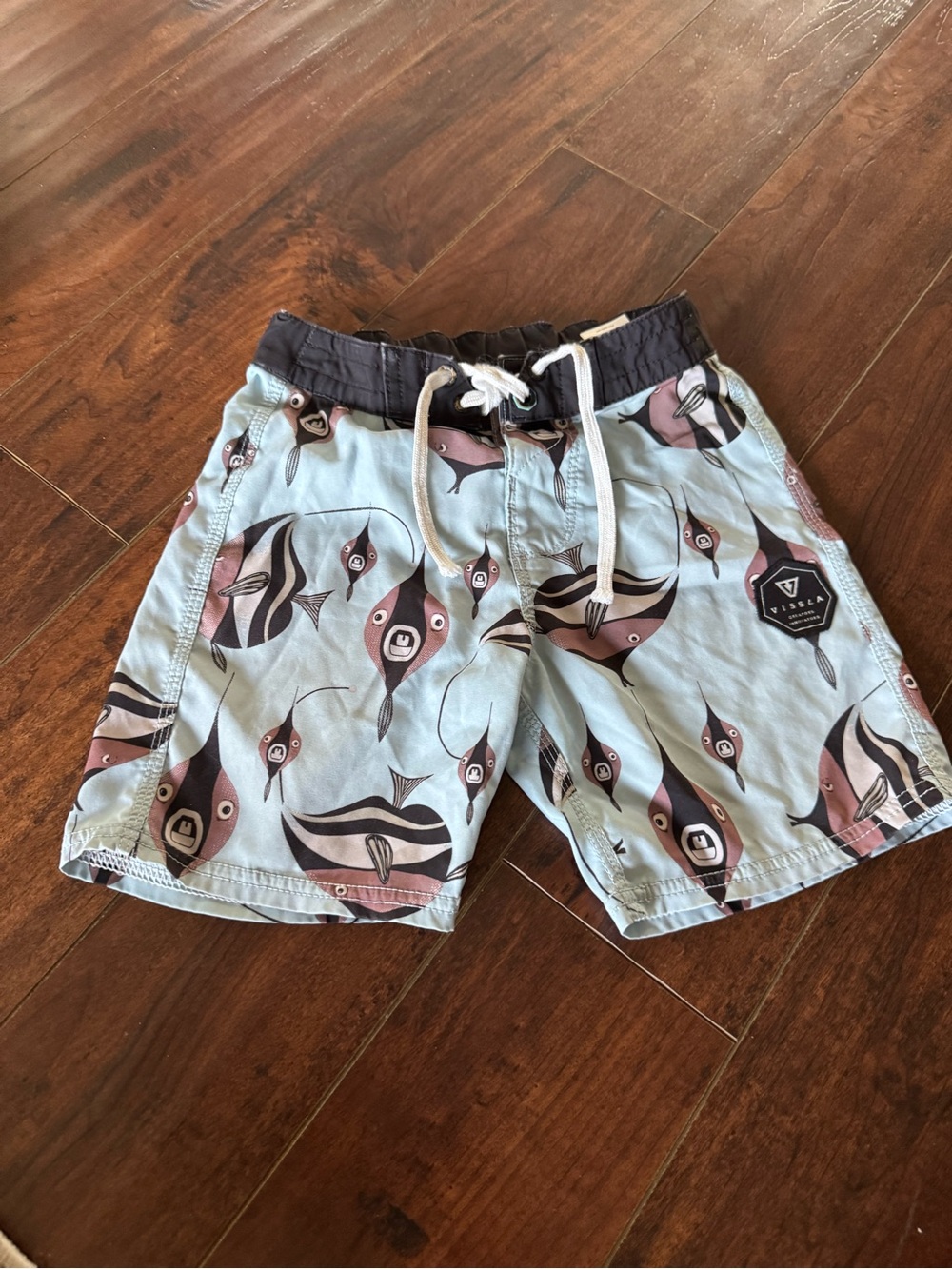 VISSLA Light Blue Swim Shorts with Pink & Black Stingray Print